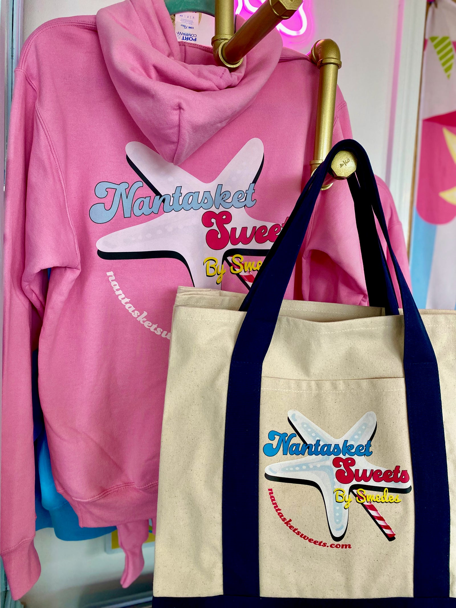 pink hoodie Nantasket Sweets By Swedes tot bag