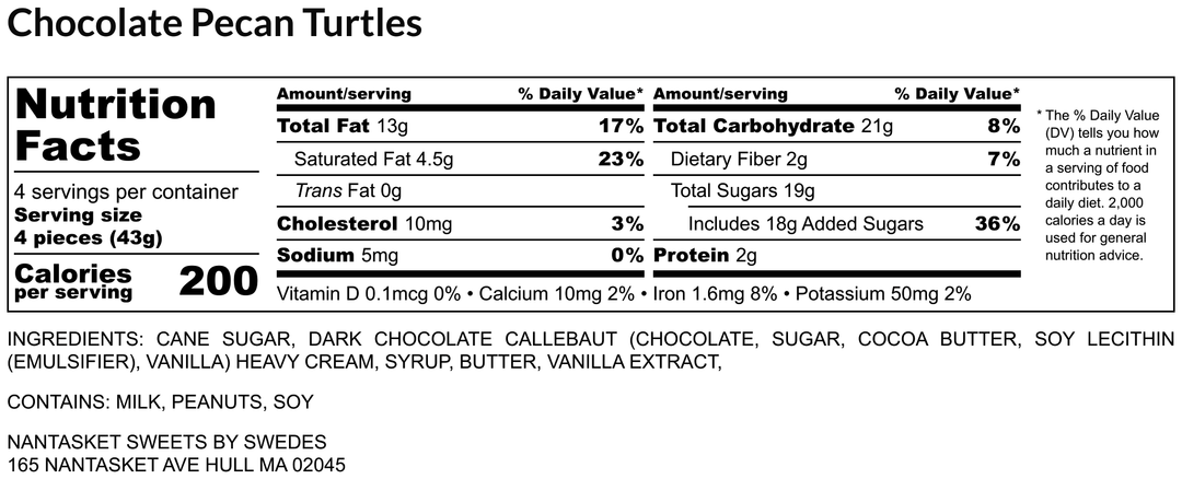 Dark Chocolate Pecan Turtles made by Nantasket Sweets in a gift box