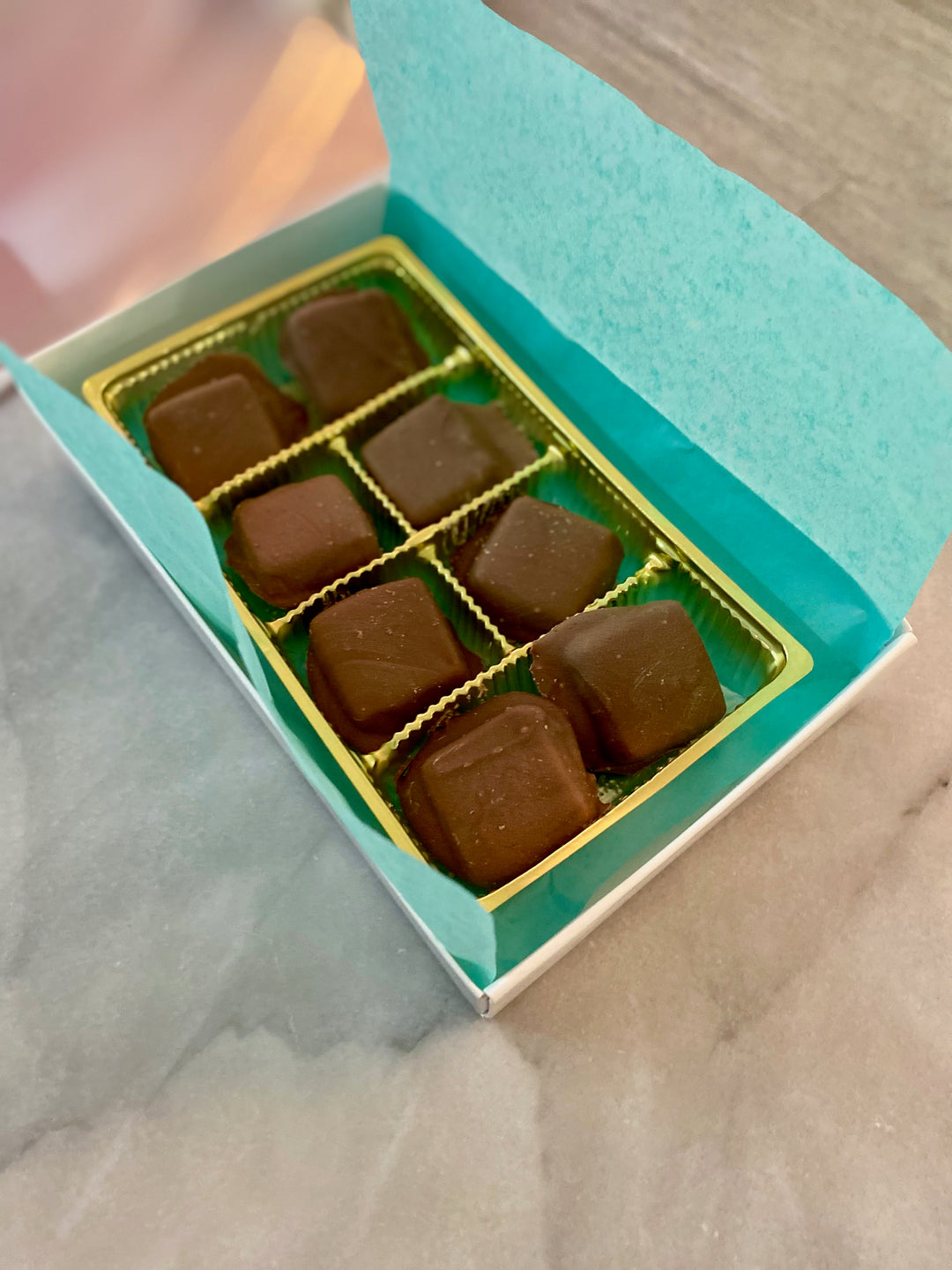 Sea Salt Milk Chocolate Caramel 8/box made by Nantasket Sweets in a gift box